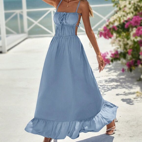 Light Wash Sexy Women's Spaghetti Strap Backless Dress - Picture 1 of 9